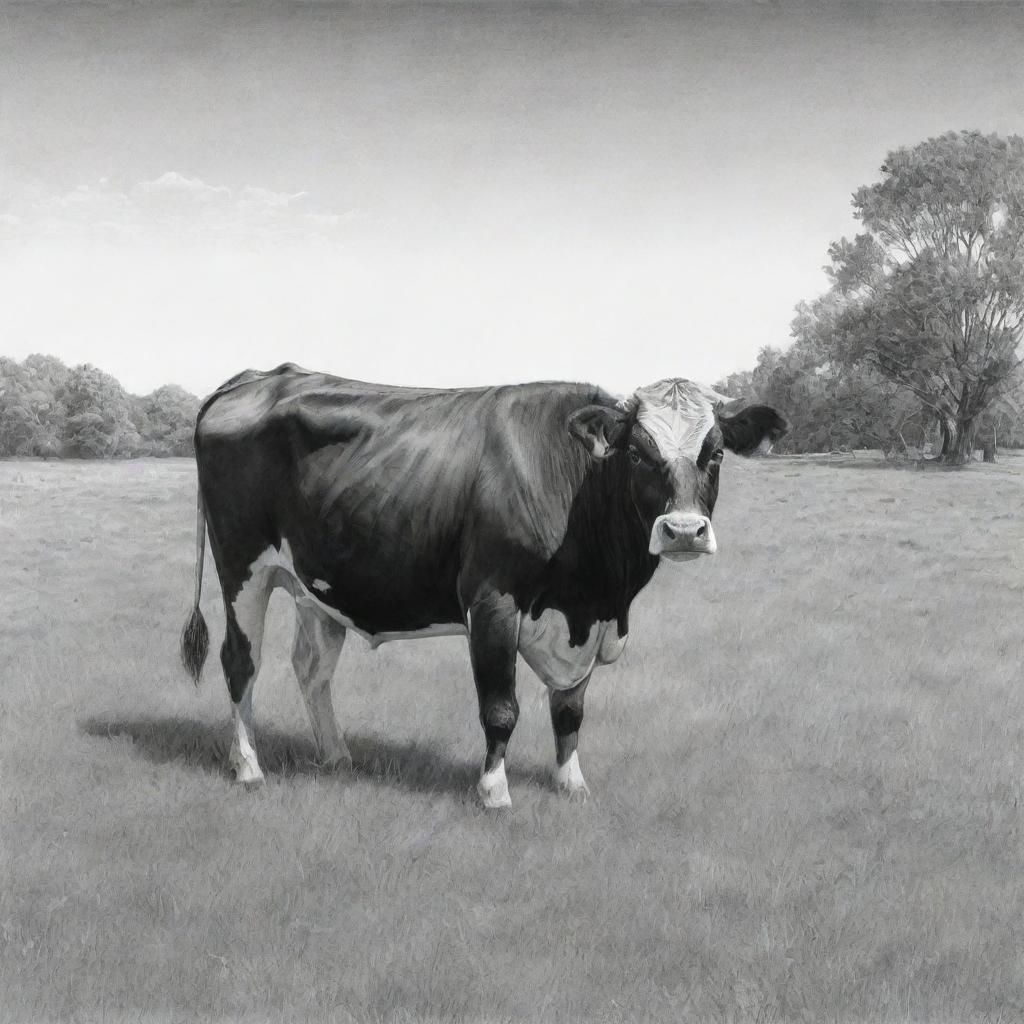 A detailed black and white sketch of a peaceful cow grazing in a lush meadow under a clear sky.