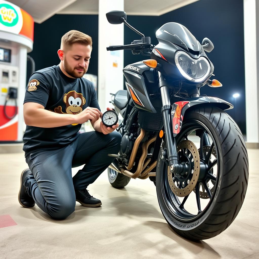 A motorcyclist kneeling beside their well-maintained motorcycle, using a gauge to check the tire pressure at a gas station