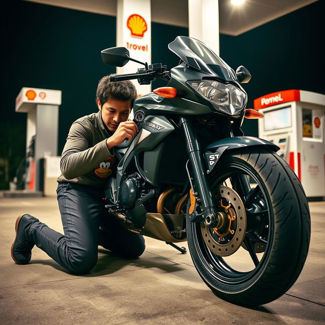 A motorcyclist kneeling beside their well-maintained motorcycle, using a gauge to check the tire pressure at a gas station