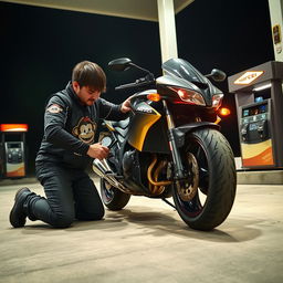 A motorcyclist kneeling beside their well-maintained motorcycle, using a gauge to check the tire pressure at a gas station