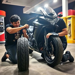 A motorcyclist kneeling beside their well-maintained motorcycle, using a gauge to check the tire pressure at a gas station