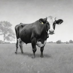 A detailed black and white sketch of a peaceful cow grazing in a lush meadow under a clear sky.