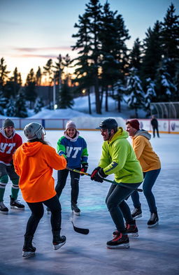 A dynamic scene capturing a group of friends playing hockey on an icy rink under the glow of colorful lights at dusk