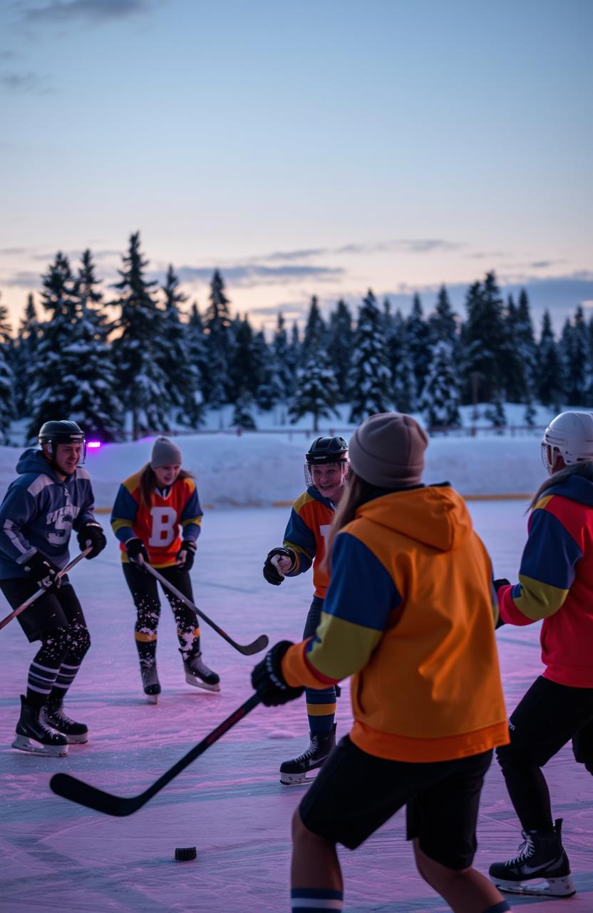 A dynamic scene capturing a group of friends playing hockey on an icy rink under the glow of colorful lights at dusk