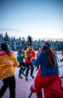 A dynamic scene capturing a group of friends playing hockey on an icy rink under the glow of colorful lights at dusk