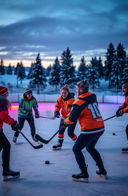 A dynamic scene capturing a group of friends playing hockey on an icy rink under the glow of colorful lights at dusk