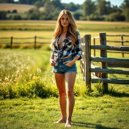 A sexy barefoot country woman standing outside in a picturesque rural setting