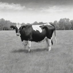 A detailed black and white sketch of a peaceful cow grazing in a lush meadow under a clear sky.