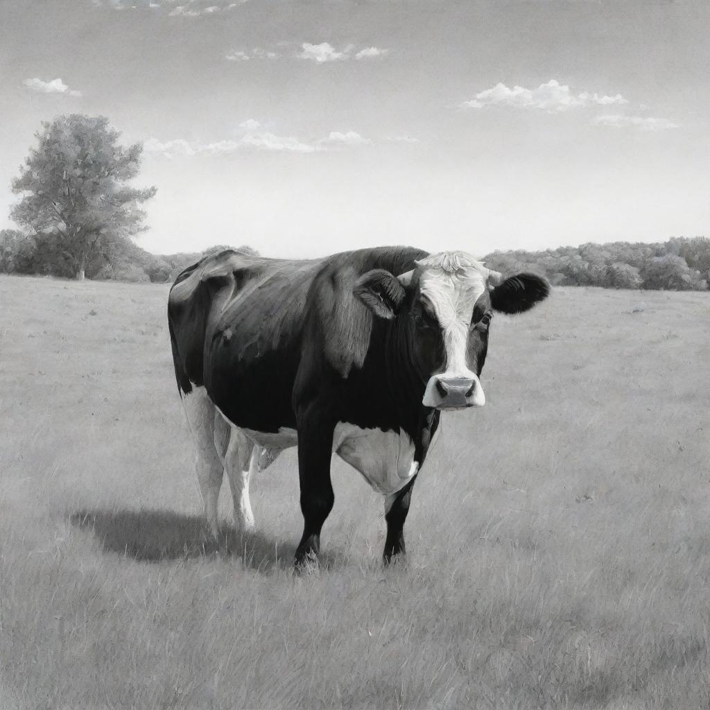 A detailed black and white sketch of a peaceful cow grazing in a lush meadow under a clear sky.