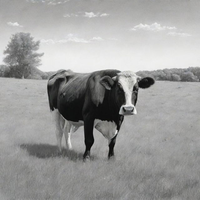 A detailed black and white sketch of a peaceful cow grazing in a lush meadow under a clear sky.