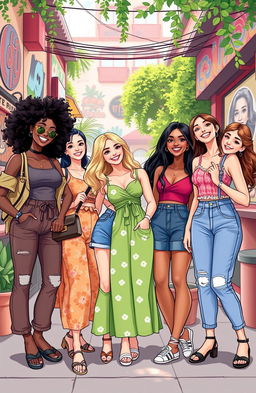 A vibrant, lively illustration featuring a group of stylish and confident young women of diverse ethnicities, each showcasing unique fashion styles