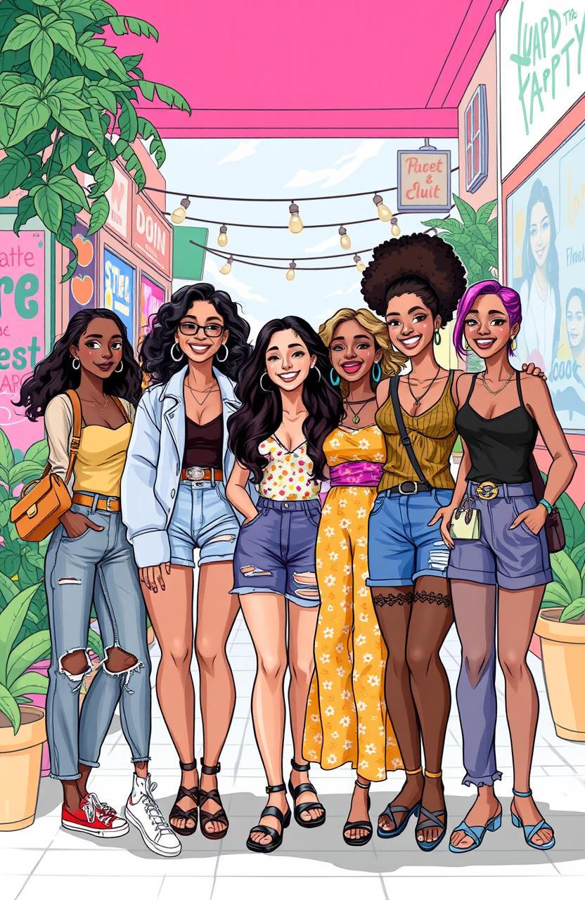 A vibrant, lively illustration featuring a group of stylish and confident young women of diverse ethnicities, each showcasing unique fashion styles