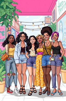 A vibrant, lively illustration featuring a group of stylish and confident young women of diverse ethnicities, each showcasing unique fashion styles