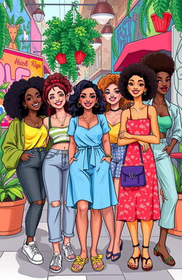 A vibrant, lively illustration featuring a group of stylish and confident young women of diverse ethnicities, each showcasing unique fashion styles