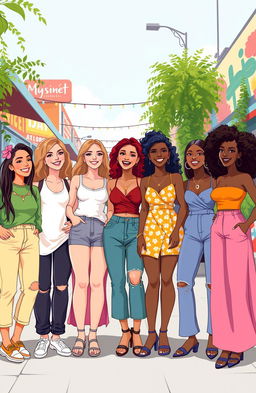 A vibrant, lively illustration featuring a group of stylish and confident young women of diverse ethnicities, each showcasing unique fashion styles