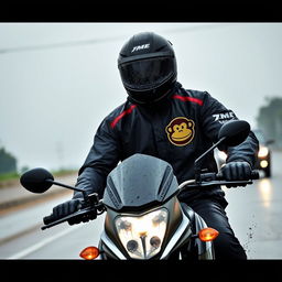 A motorcycle rider navigating through rainy weather, dressed in waterproof gear featuring a playful monkey logo