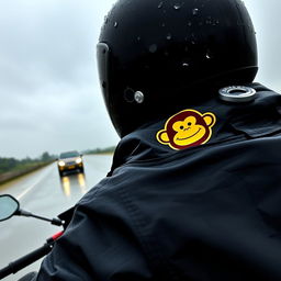 A motorcycle rider navigating through rainy weather, dressed in waterproof gear featuring a playful monkey logo