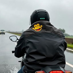 A motorcycle rider navigating through rainy weather, dressed in waterproof gear featuring a playful monkey logo