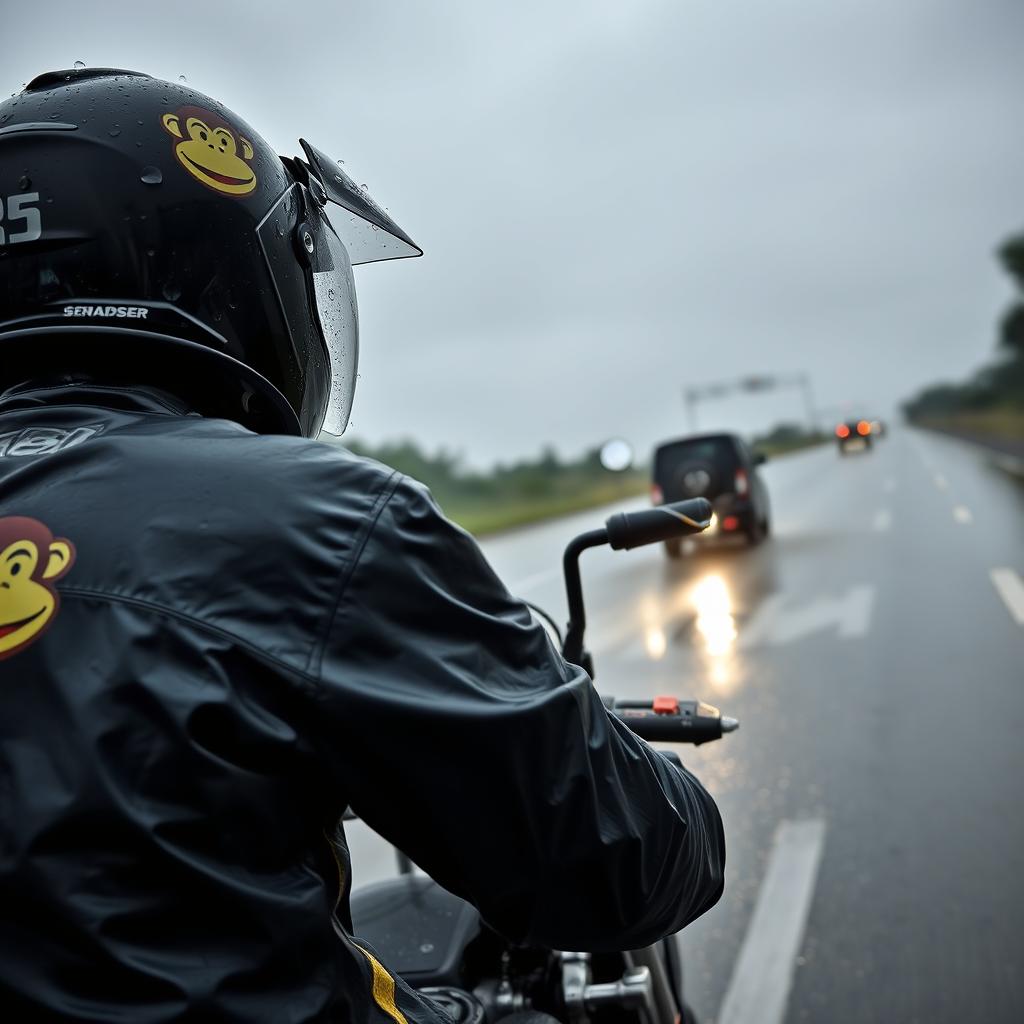 A motorcycle rider navigating through rainy weather, dressed in waterproof gear featuring a playful monkey logo