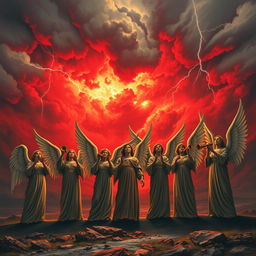 A dramatic scene depicting seven majestic angels standing majestically in the foreground, each holding a different ornate trumpet, with an intense and angry red sky filled with swirling clouds and flashes of lightning