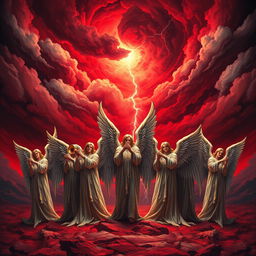 A dramatic scene depicting seven majestic angels standing majestically in the foreground, each holding a different ornate trumpet, with an intense and angry red sky filled with swirling clouds and flashes of lightning