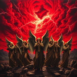 A dramatic scene depicting seven majestic angels standing majestically in the foreground, each holding a different ornate trumpet, with an intense and angry red sky filled with swirling clouds and flashes of lightning