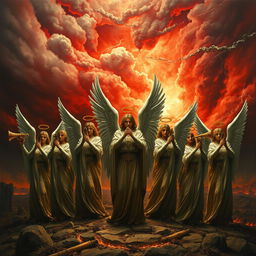 A dramatic scene depicting seven majestic angels standing majestically in the foreground, each holding a different ornate trumpet, with an intense and angry red sky filled with swirling clouds and flashes of lightning