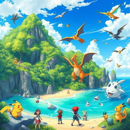 A vibrant and colorful scene featuring the unique landscapes of a big island inspired by Pokémon, with lush green forests, rocky cliffs, and sandy beaches