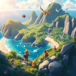 A vibrant and colorful scene featuring the unique landscapes of a big island inspired by Pokémon, with lush green forests, rocky cliffs, and sandy beaches