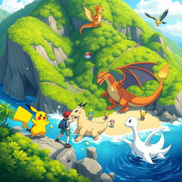 A vibrant and colorful scene featuring the unique landscapes of a big island inspired by Pokémon, with lush green forests, rocky cliffs, and sandy beaches