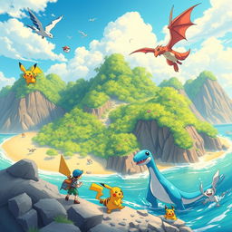 A vibrant and colorful scene featuring the unique landscapes of a big island inspired by Pokémon, with lush green forests, rocky cliffs, and sandy beaches