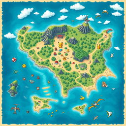 A detailed, artistic map of a big island inspired by Pokémon, featuring diverse biomes and habitats for various Pokémon species