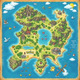 A detailed, artistic map of a big island inspired by Pokémon, featuring diverse biomes and habitats for various Pokémon species