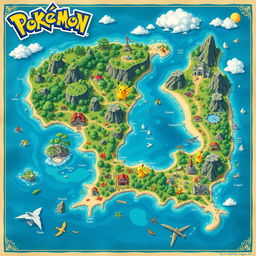 A detailed, artistic map of a big island inspired by Pokémon, featuring diverse biomes and habitats for various Pokémon species