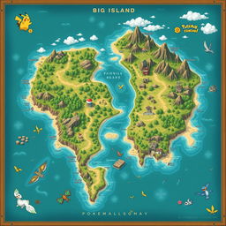 A detailed, artistic map of a big island inspired by Pokémon, featuring diverse biomes and habitats for various Pokémon species