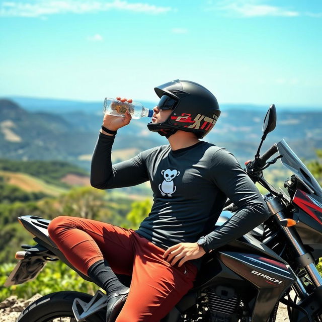 A motorcyclist taking a refreshing break during a long ride, parked beside their motorcycle at a scenic overlook