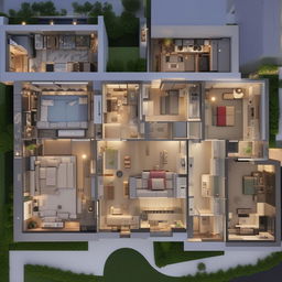 A 3000 square foot architectural plan composed of four chic living rooms each with an en-suite bathroom, a dedicated study room, and a sleek, fully-equipped kitchen.