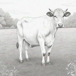 A line art illustration of a peaceful cow grazing in a meadow, suitable for a coloring book.