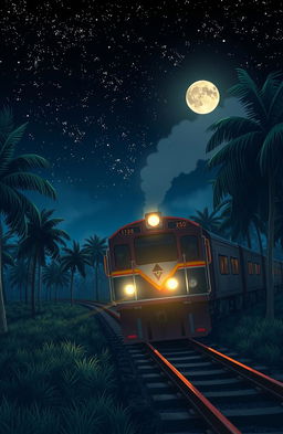 An anime-style cover illustration for a novel themed around an Indonesian train traveling through an oil palm plantation at night