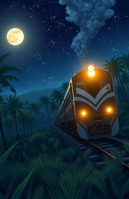 An anime-style cover illustration for a novel themed around an Indonesian train traveling through an oil palm plantation at night