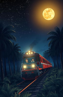 An anime-style cover illustration for a novel themed around an Indonesian train traveling through an oil palm plantation at night