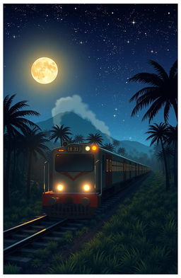 An anime-style cover illustration for a novel themed around an Indonesian train traveling through an oil palm plantation at night