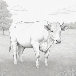 A line art illustration of a peaceful cow grazing in a meadow, suitable for a coloring book.