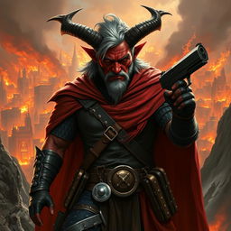 Gumong Steamfire, a 32-year-old tiefling barbarian with radiant red skin and medium-length gray hair, depicted in an epic fantasy setting