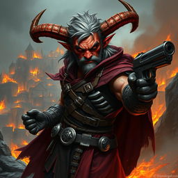 Gumong Steamfire, a 32-year-old tiefling barbarian with radiant red skin and medium-length gray hair, depicted in an epic fantasy setting