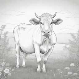 A line art illustration of a peaceful cow grazing in a meadow, suitable for a coloring book.