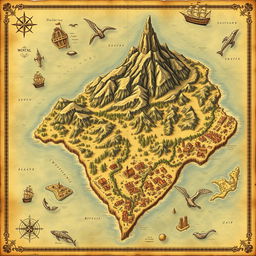 An intricate map of a colossal island designed in an old-world cartographic style, showcasing detailed geographical features such as towering mountains, expansive forests, winding rivers, and hidden coves