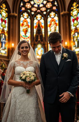 A tense scene depicting a male and female couple at their wedding ceremony