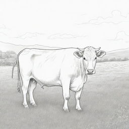 A line art illustration of a peaceful cow grazing in a meadow, suitable for a coloring book.