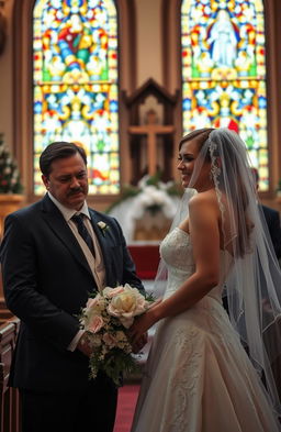 A tense scene depicting a male and female couple at their wedding ceremony